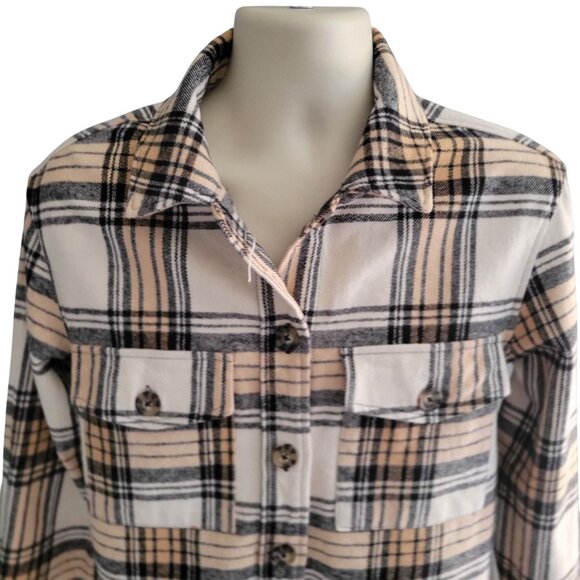 SANCTUARY ANTHROPOLOGIE Girlfriend Shacket Cream Tan Black Plaid Flannel- S - Picture 5 of 9